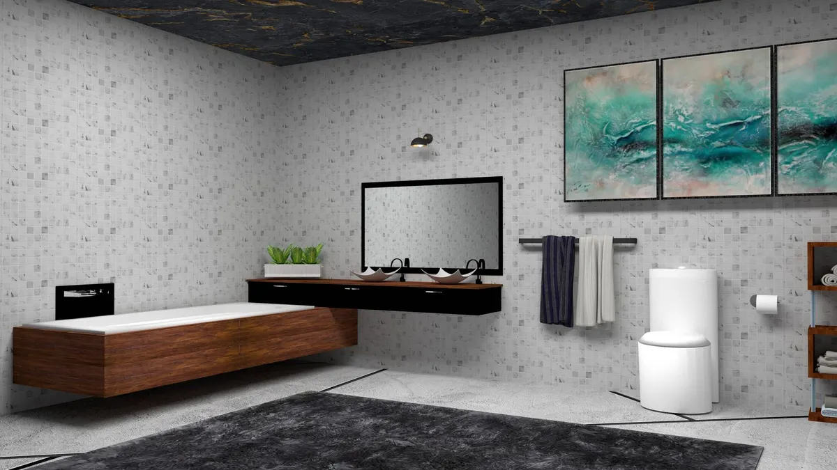 Bathroom ceiling showing signs of moisture damage and peeling paint
