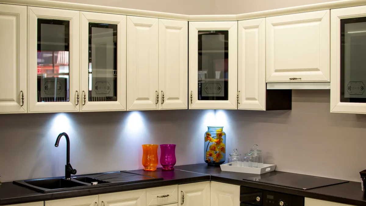 Close-up of kitchen cabinet doors and drawer fronts