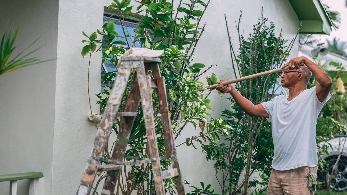 Homeowner painting the exterior wall of a house from a ladder