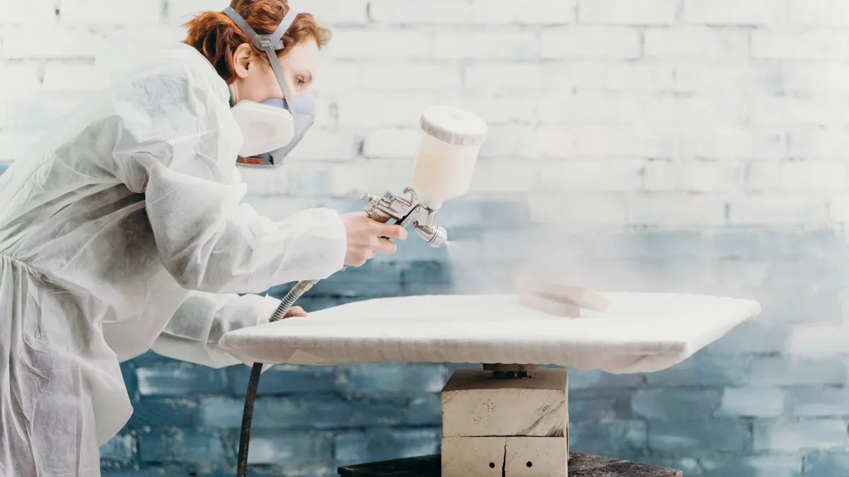 Paint sprayer tool being used to apply an even coat to a wall