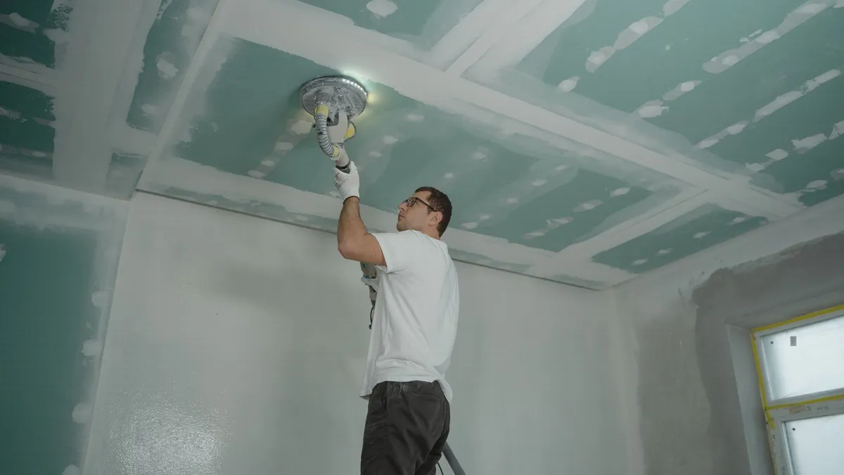 Worker repairing a textured popcorn ceiling from a ladder