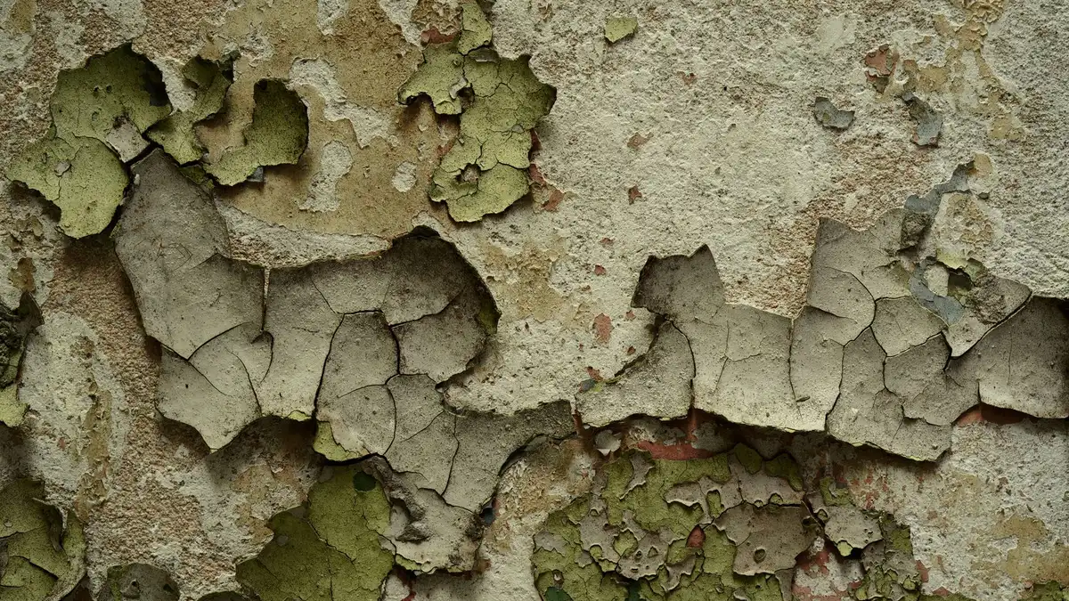 Close-up of peeling paint on an interior wall