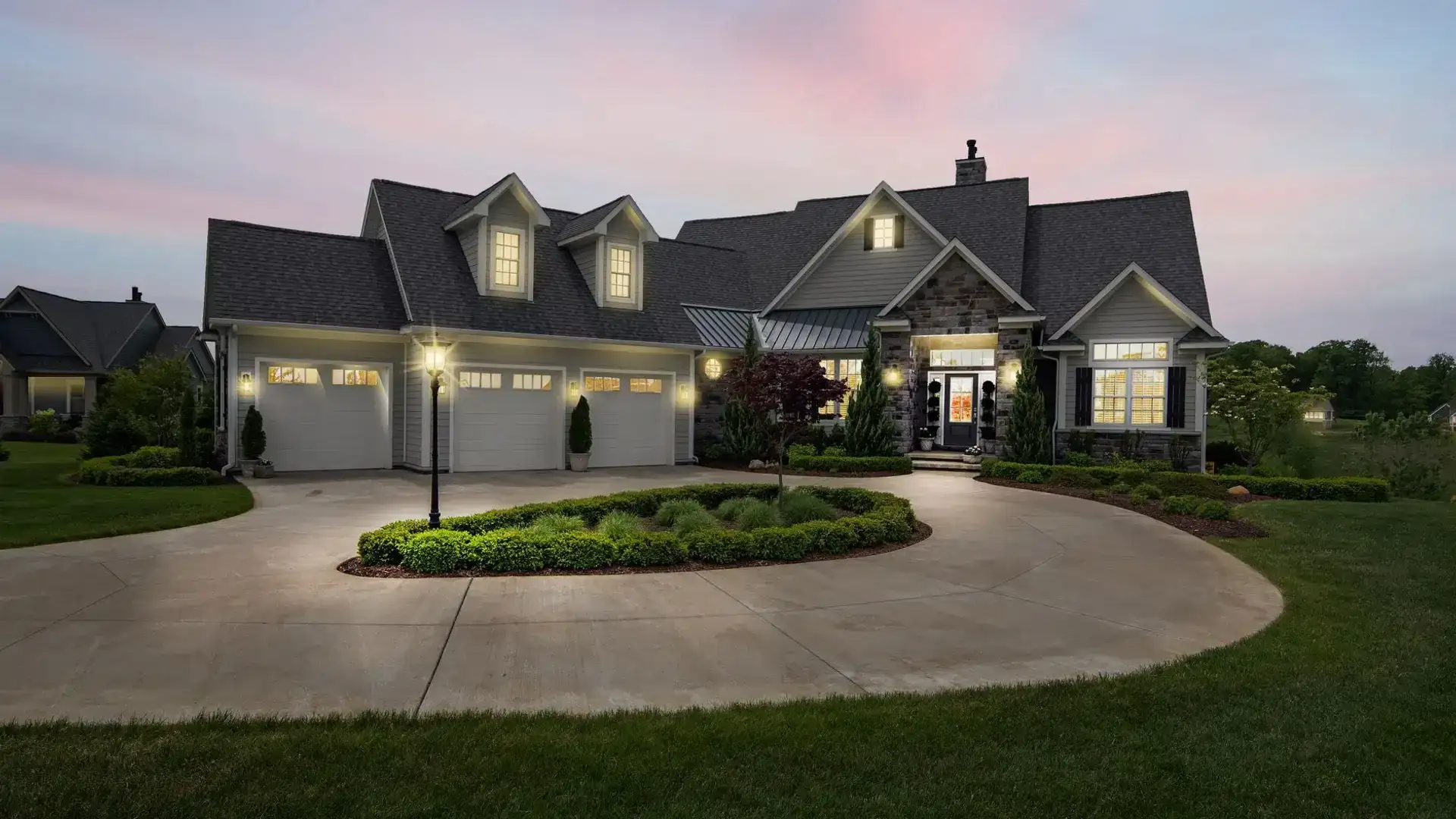 Freshly painted suburban house exterior at dusk