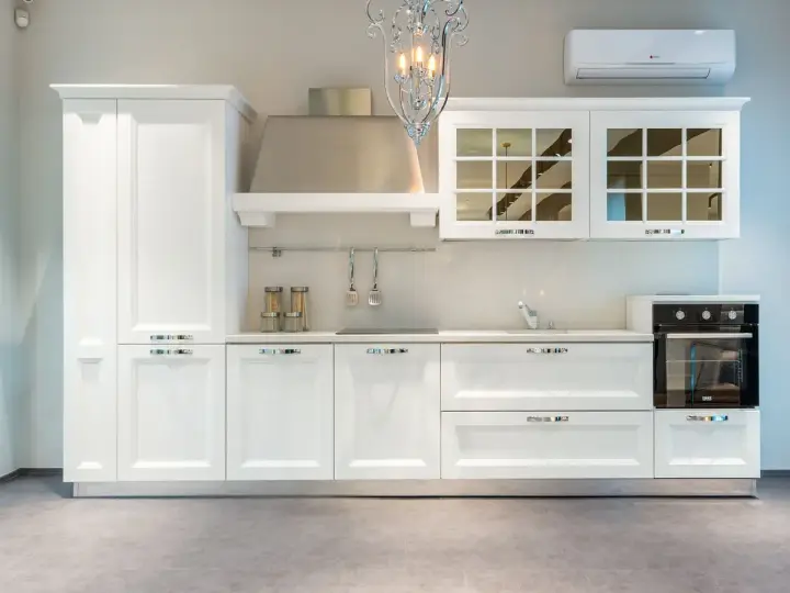Modern white kitchen cabinets in a suburban home